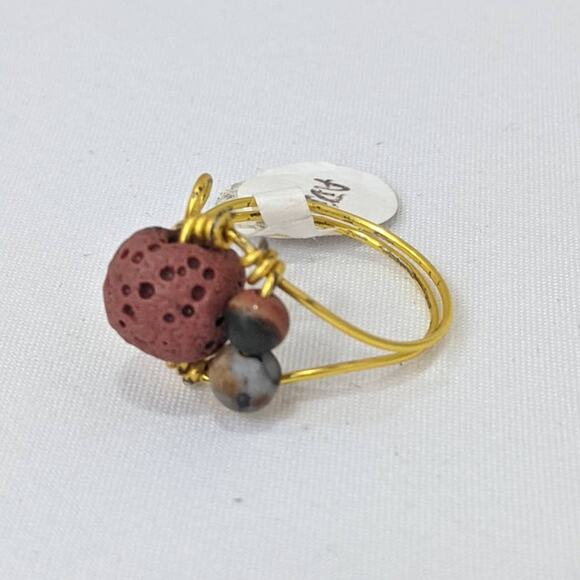 NEW Wire Wrap Diffuser Ring Artisan Adjustable Brick Red Lava Rock Gold Tone - Picture 1 of 11